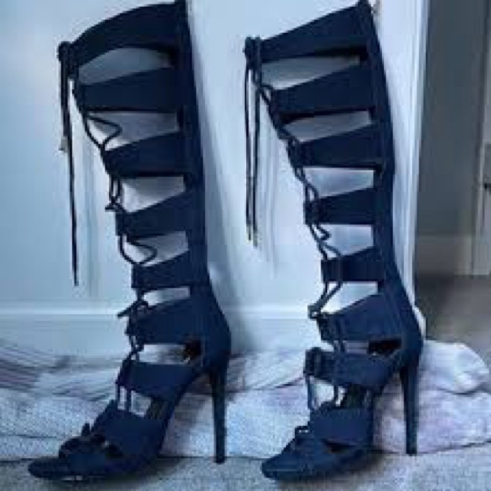 Denim knee high heels